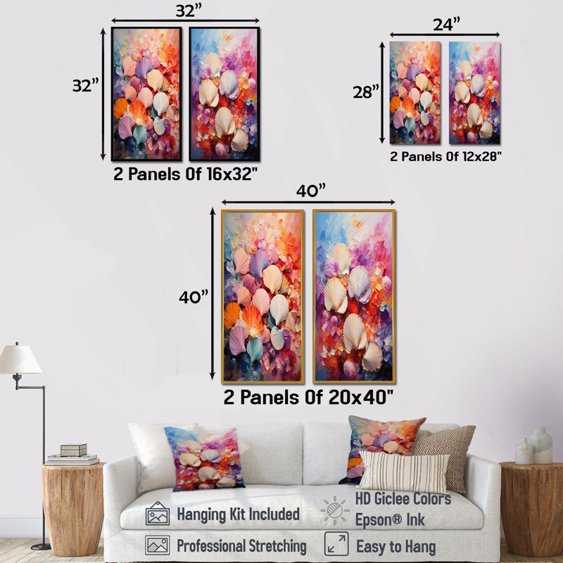 «Seashells Wonders On The Coast - Seashell», ensemble de 2 reproductions d'art sur toile, H 40 po x l 41 po, Encadrement doré