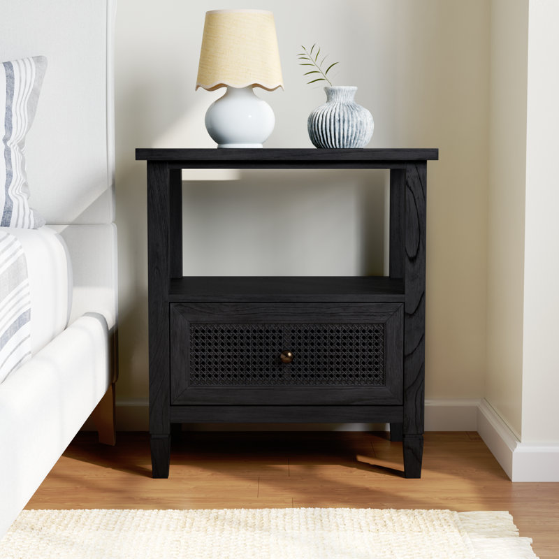 Charleston Wooden 1-Drawer Cane Nightstand, Washed Black