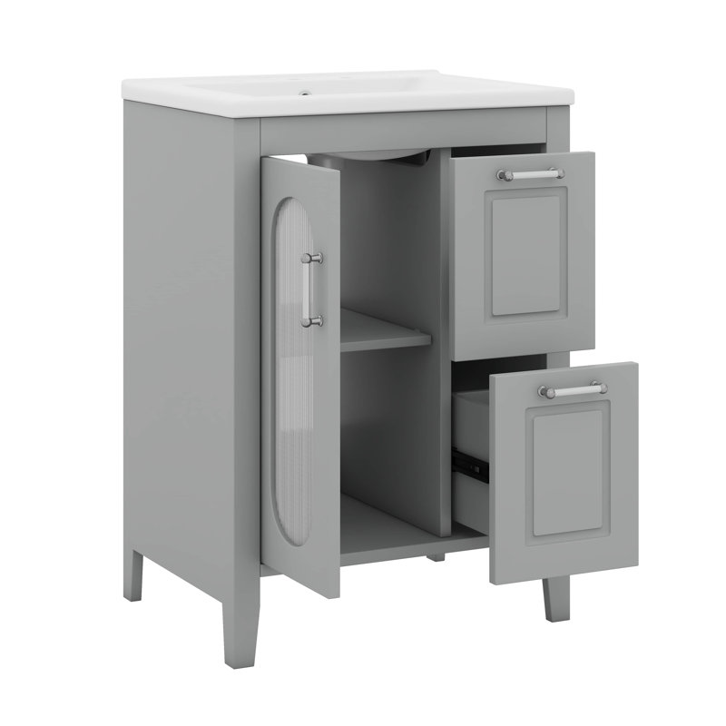 Meuble-lavabo avec tablette réglable et 2 tiroirs, Gris