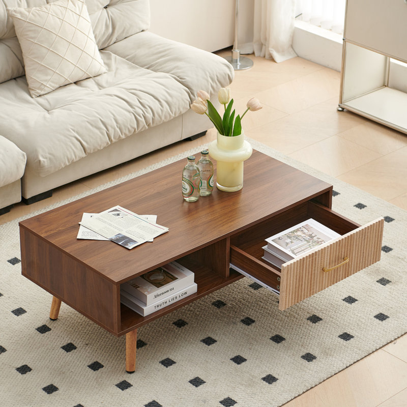 Table basse rectangulaire avec pieds en bois massif, tiroir coulissant pour le rangement, table moderne pour le salon, blanc