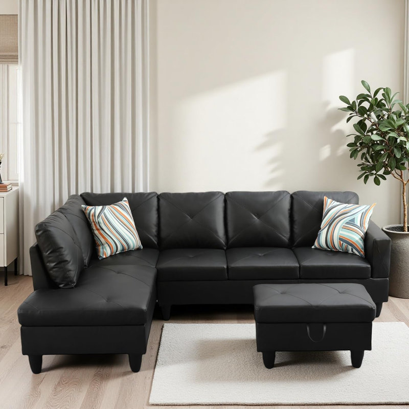 3-piece Faux Leather Sectional Sofa, Black Faux Leather, Left Hand Facing