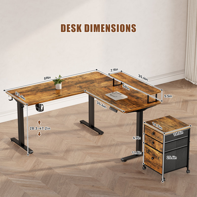 Bureau debout électrique en L à hauteur ajustable 59 po x 59 po avec rehausse, Brun / Noir