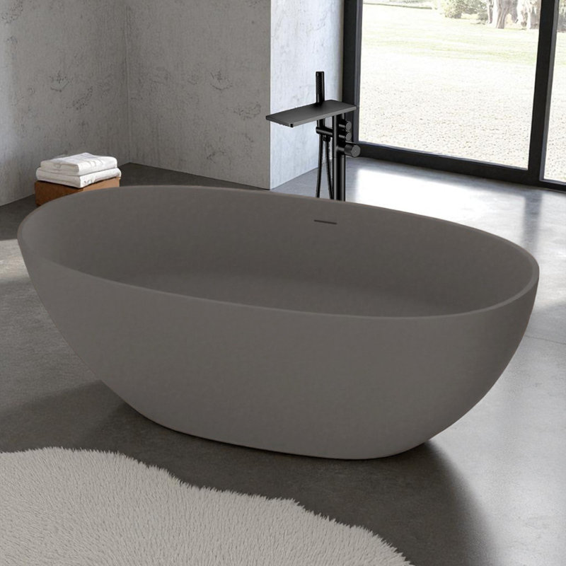 KISRAIS 65"x30" Matte White Solid Surface Freestanding Soaking Bathtub, Matte Gray