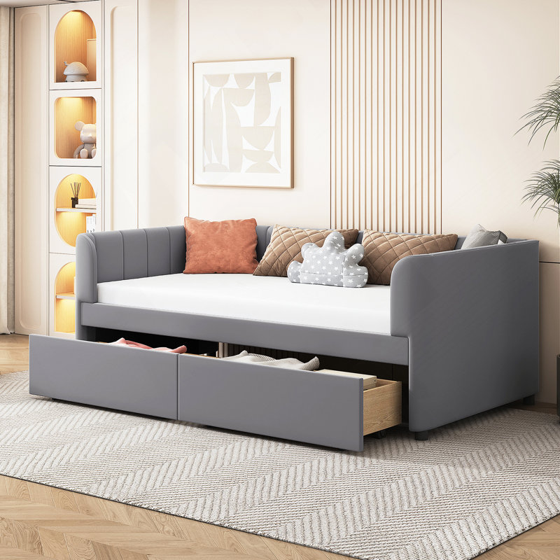 Lit de jour rembourré avec dossier ergonomique et 2 tiroirs, Gris