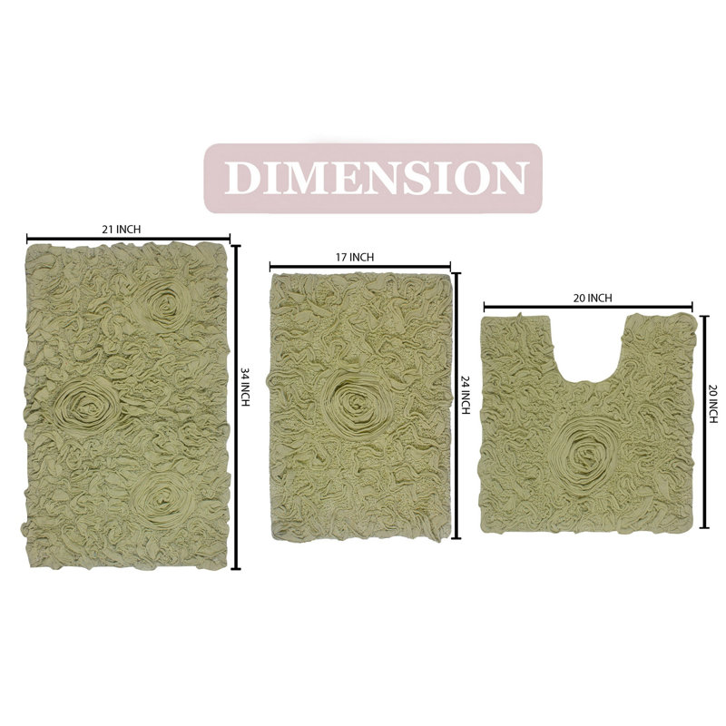 Freida Plush Floral Bath Rug Set (Set of 3), Green