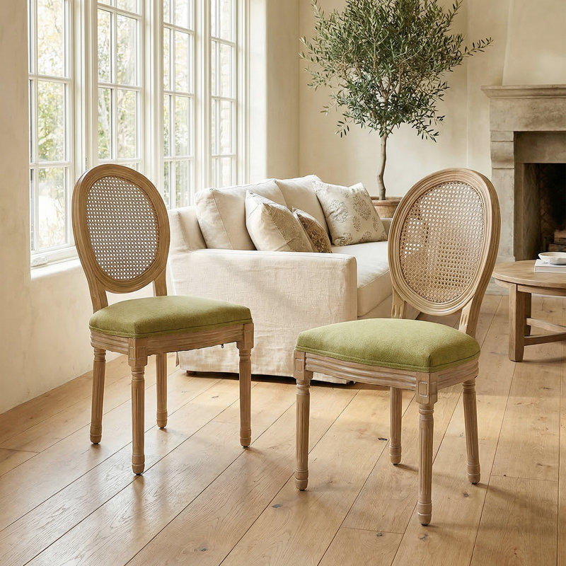 Vintage Inspired Dining Chairs With Solid Wood Frame - Rattan Back, Linen Fabric, Set Of 2, Green