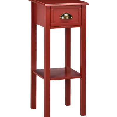 Table d'appoint rouge à deux tiroirs, extrémité étroite, idéale pour le salon et la chambre. Offre un espace de rangement supplémentaire pour magazines, livres, plantes et photos. Son élégance s'harmonise avec tous les styles. Fabriqué en [matériau manquant]. Stable et résistante au basculement.