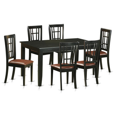 Ensemble de table et chaises de cuisine 7 pièces comprenant une table de salle à manger rectangulaire et 6 chaises de salle à manger rembourrées en similicuir, noir