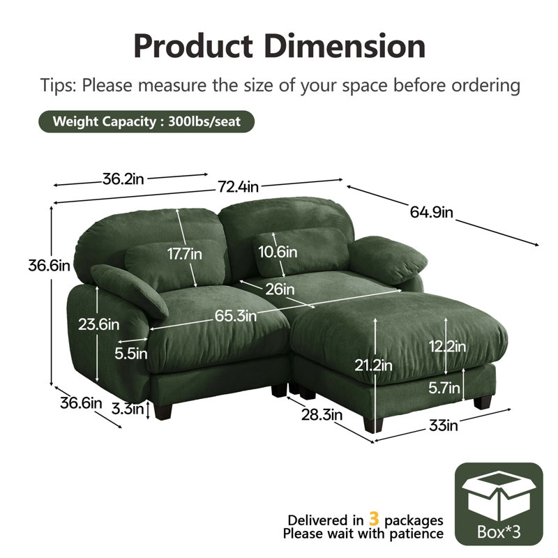 Canapé d'angle 2 places « Cloud Feel » avec pouf amovible, Green Chenille