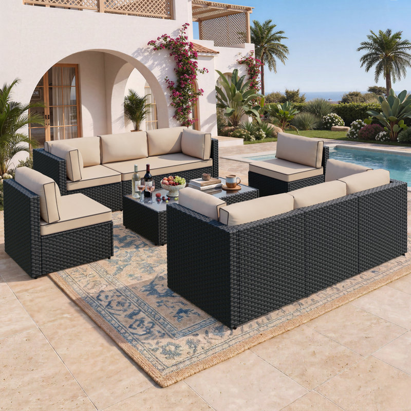8-Person Outdoor Sectional Seating Group with Cushions, Khaki, Black