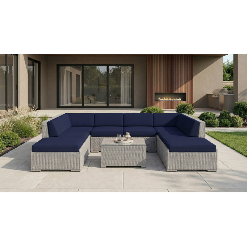 Billyjo Wicker 4 - Person Seating Group with Cushions - No Assembly, Gray, Canvas Navy Sunbrella® Canvas