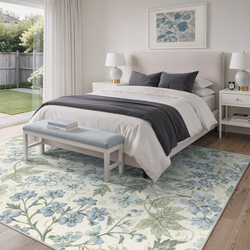 Tapis d'intérieur bleu / beige / vert lavable à la machine Aura avec envers antidérapant, Bleu / Vert, Rectangle 5 pi x 7 pi