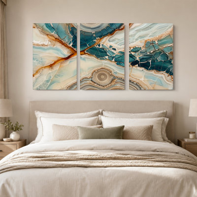 «Blue and Cream Agate Stone V veine Cross Section Texture», ensemble de 3 toiles murales