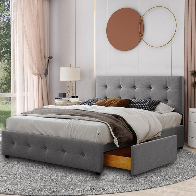 Eural Upholstered Platform Bed with Classic Headboard and 4 Drawers, No Box Spring Needed, Linen Fabric, Queen Size
