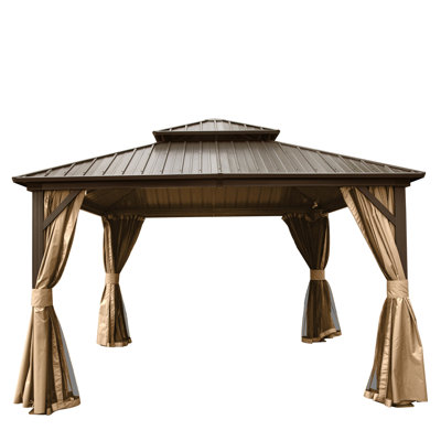 Pavillon de jardin 12 'X Espace extérieur spacieux. Fabriqué en aluminium et en acier galvanisé. Rideaux et filets pour un pavillon de jardin confortable, brun. Matériaux de qualité. Double circulation d'air optimale sur le toit.