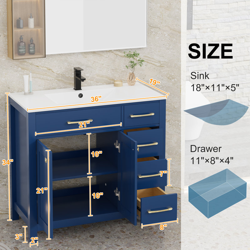 Manrique Makowski 36" Single Bathroom Vanity Set with Sink Top, Zinc Alloy Faucet, Painted Wood, Soft-Close Doors, EPA Certified