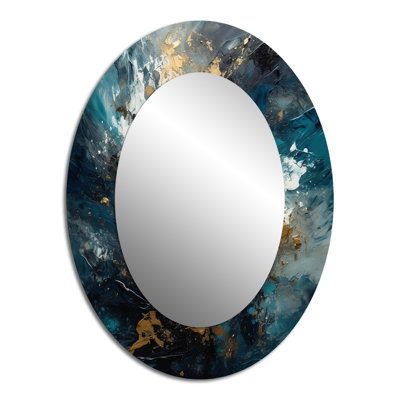 Blue Gold Transcendent Liquid Ink II - Abstract Oval Decorative Mirror On Metal