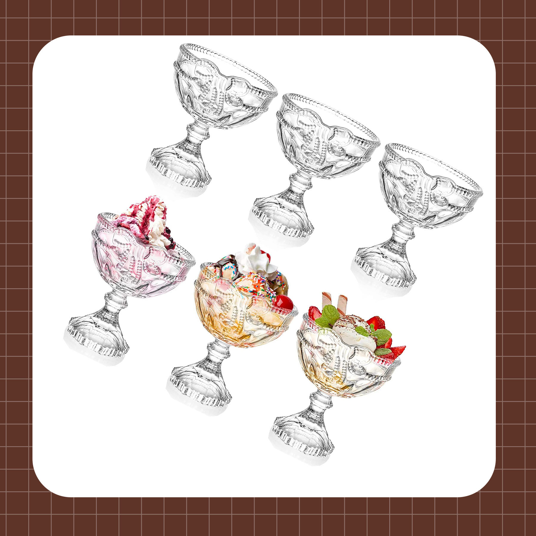 Trifle Taster Embossed Design Glass Bowl Set Ice Cream Serving