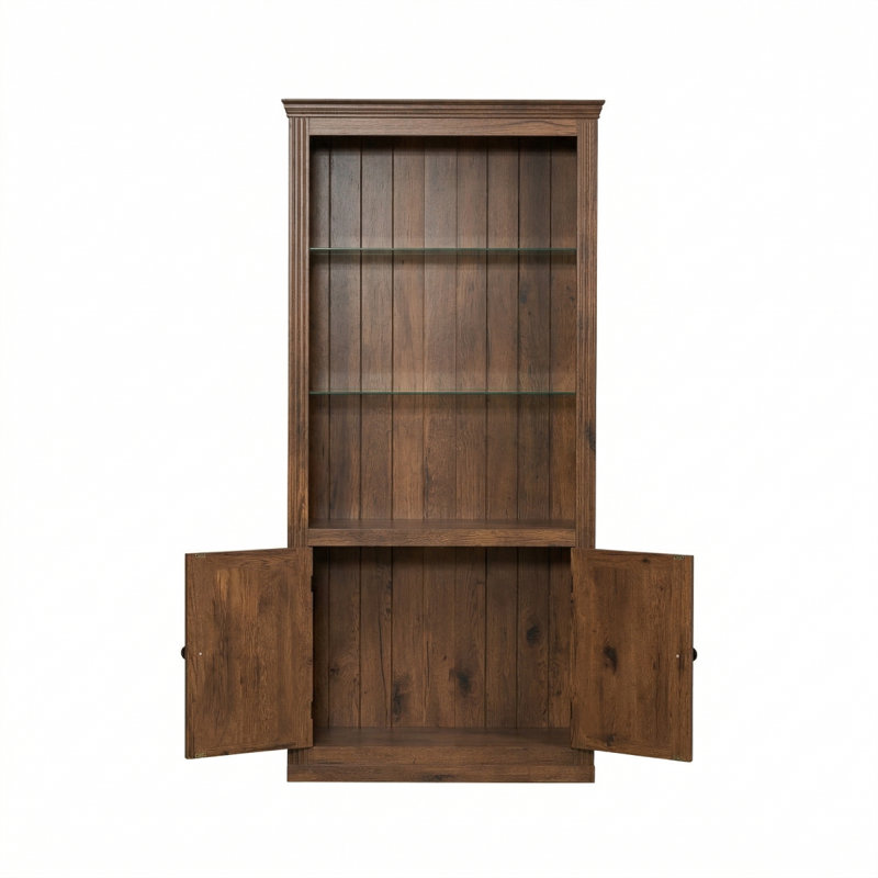 Étagère de présentation à 4 niveaux de 78,75 po de hauteur, avec lumière chaude au plafond à DEL, bibliothèques de ferme autoportantes avec rangement et portes, bibliothèque avec tablettes réglables en verre pour la maison et le bureau - Brun