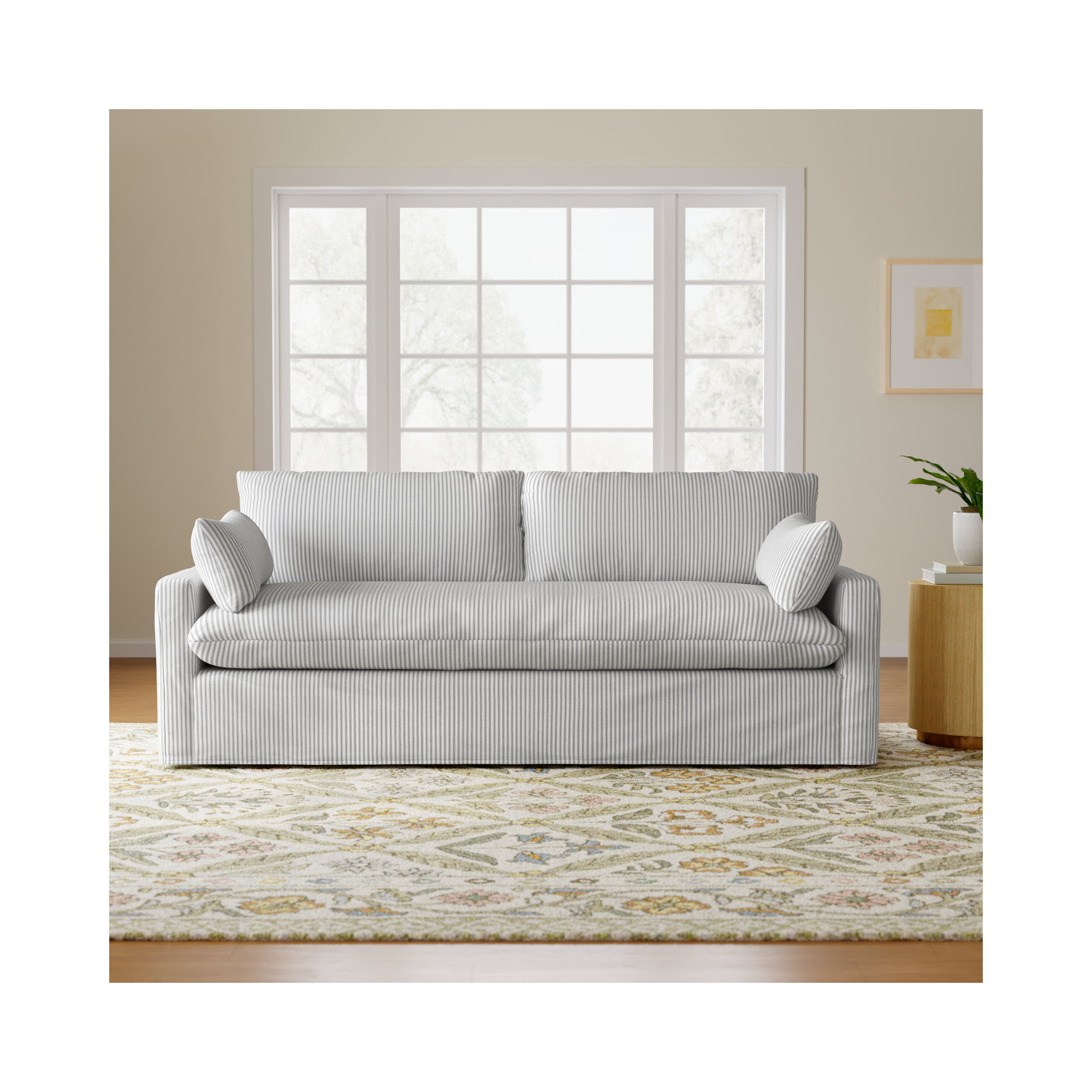 Luna Slipcovered Queen Sleeper Sofa, Cruise Gray Striped