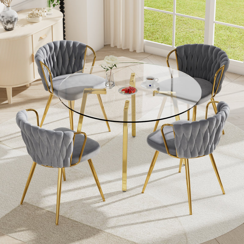 5 Piece Gold Glass Dining Table Set, Gray, 29.5"H x 42"W x 42"D