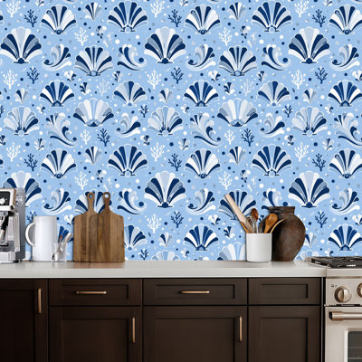 Peel and Stick Wallpaper Seashell Blue Tones Nautical Abstract Design Contact Paper Removable Self Adhesive Wall Mural Wall Decor for Bedroom Kitchen Cabinets 24in x 118in