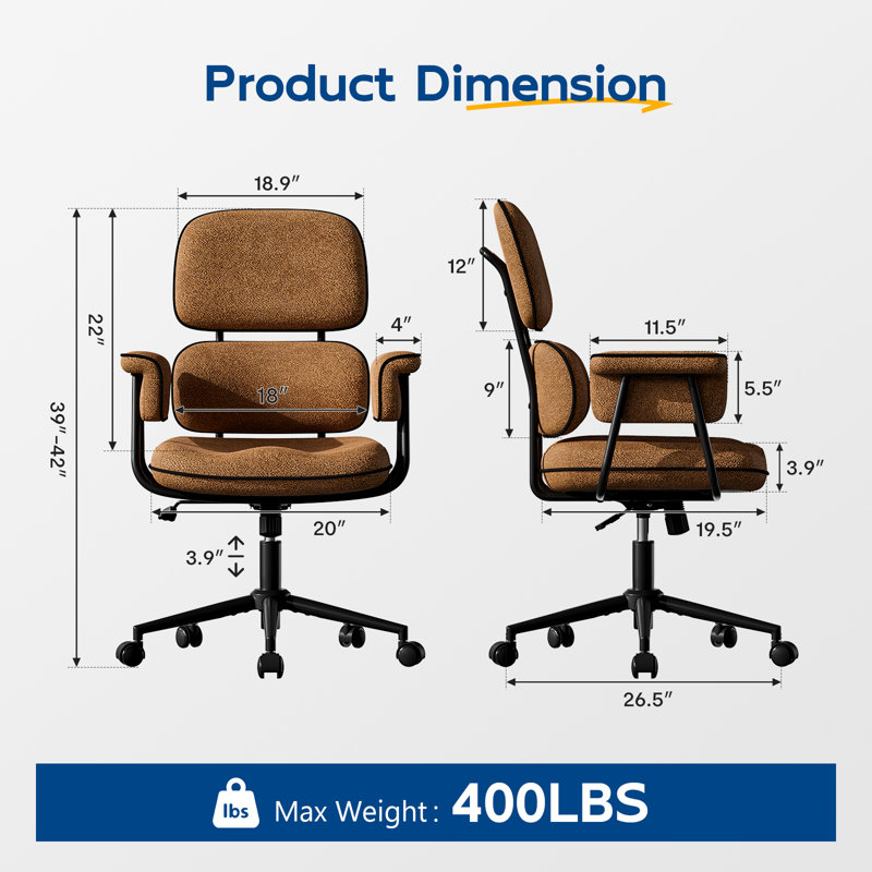 Desk Chair with Wheels, Brown Linen Fabric Executive Office Chair with Memory Foam Wide Seat, Padded Arms, Lumbar Support and Adjustable Height