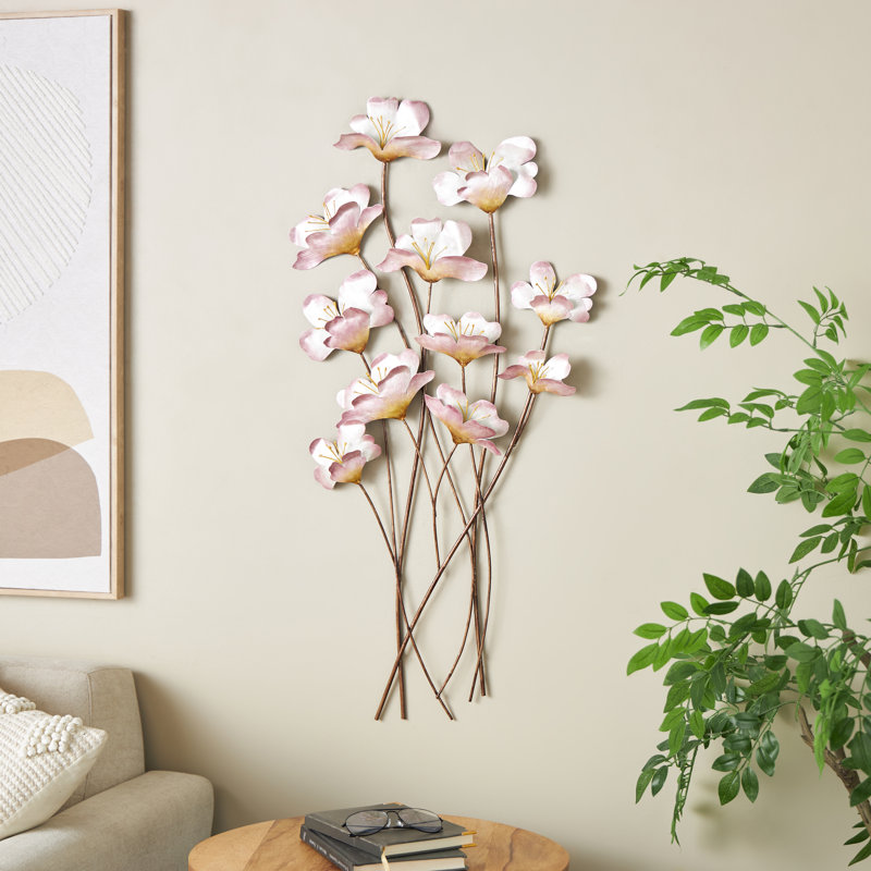 Pink Metal Floral Home Wall Decor with Copper Stems, 19" x 2" x 38"
