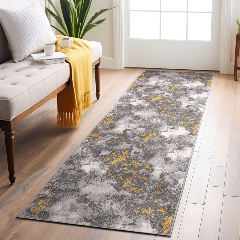 Mullenax Performance Gray/Yellow/Ivory Rug, Runner 2' x 7'