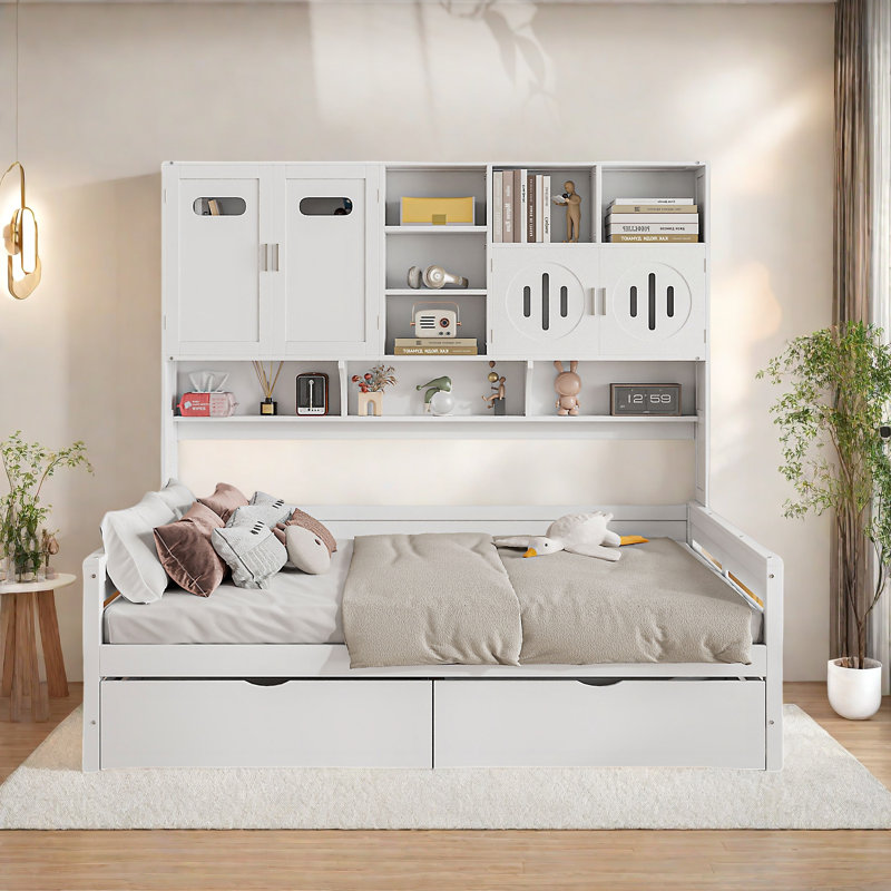 All-in-one Wooden Daybed With 2 Drawers, Cabinets And Shelves, Full , White