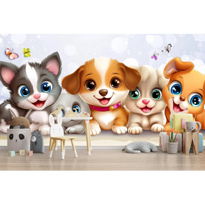 Caricature de chiot et de chaton - doux bébé animaux avec de grands yeux, fond d'art numérique pour enfants, chambre de bébé, amoureux des animaux, décoration murale animal mignon