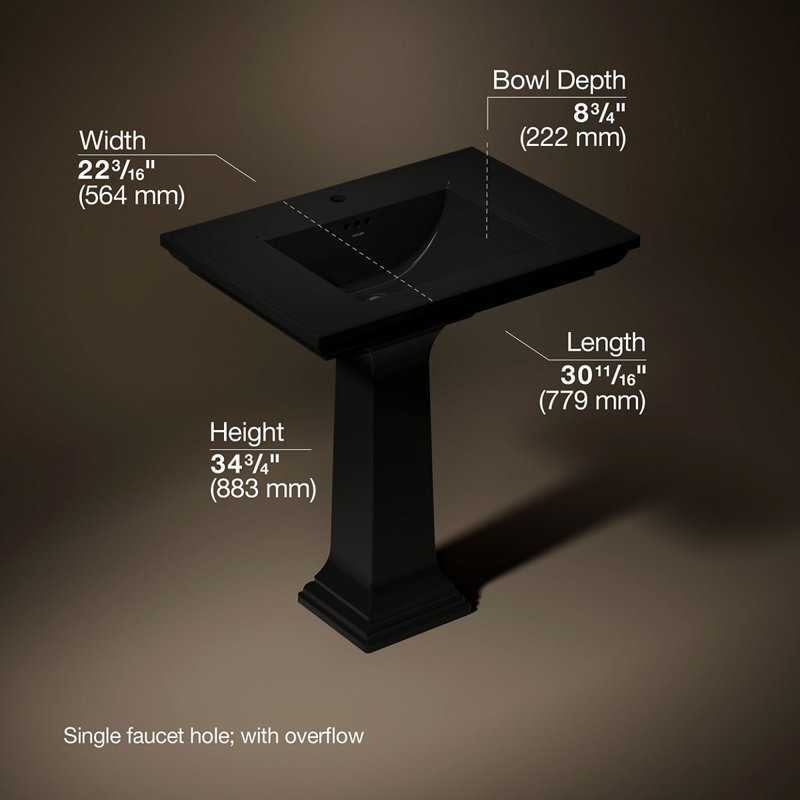 Memoirs® Stately 24" Pedestal Bathroom Sink with 4" Centerset Faucet Holes, Black, Single, 34.75" H x 22.19" W x 30.69" L