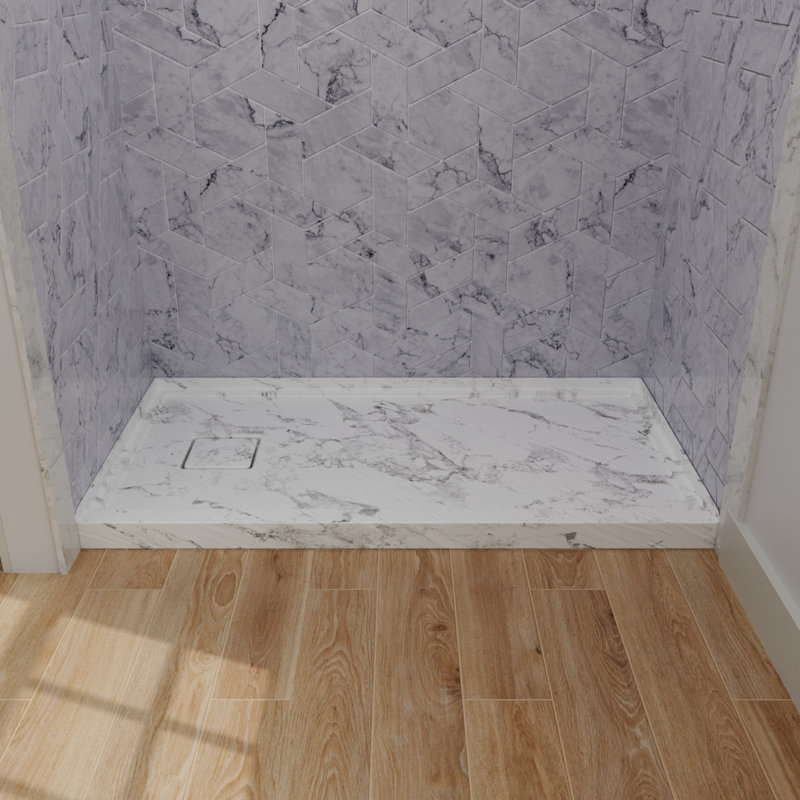 32x60 Inch Rectangle White Acrylic Shower Base with Drain Left Non Slip Watertight Shower Tray for Bathroom Use, Left