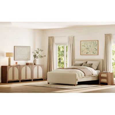 Sophia Farmhouse Wooden 3‑Piece Bedroom Furniture Set, Wabi‑Sabi 94.5" Rattan Storage Cabinet + 2 Push‑to‑Open 2‑Drawer Nightstands for Bedroom, Walnut