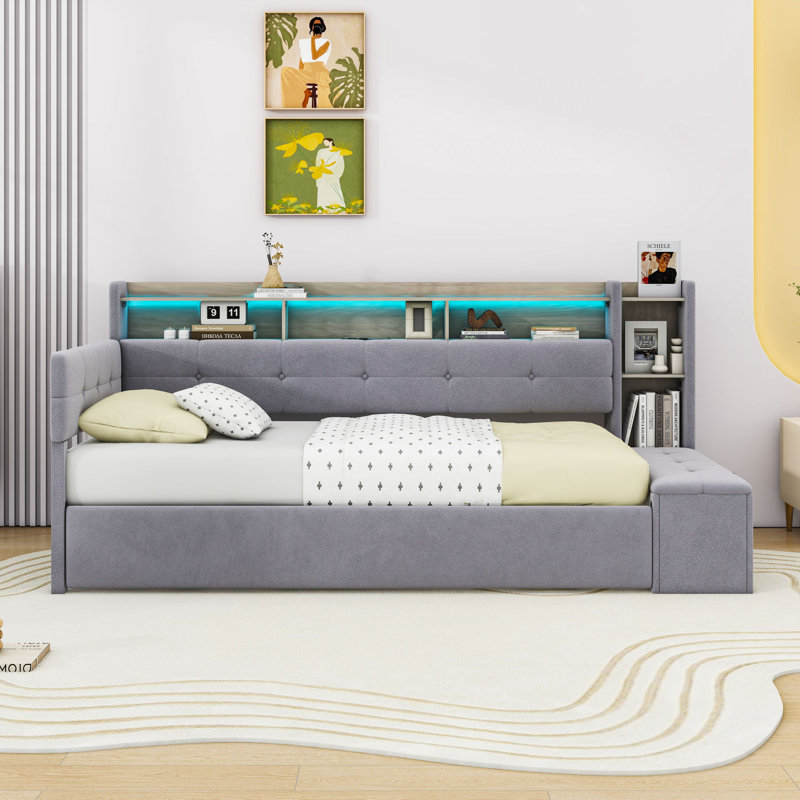 Upholstery Daybed with Storage Footstool, Trundle, Shelves, LED Strip and USB Ports, Gray, Twin