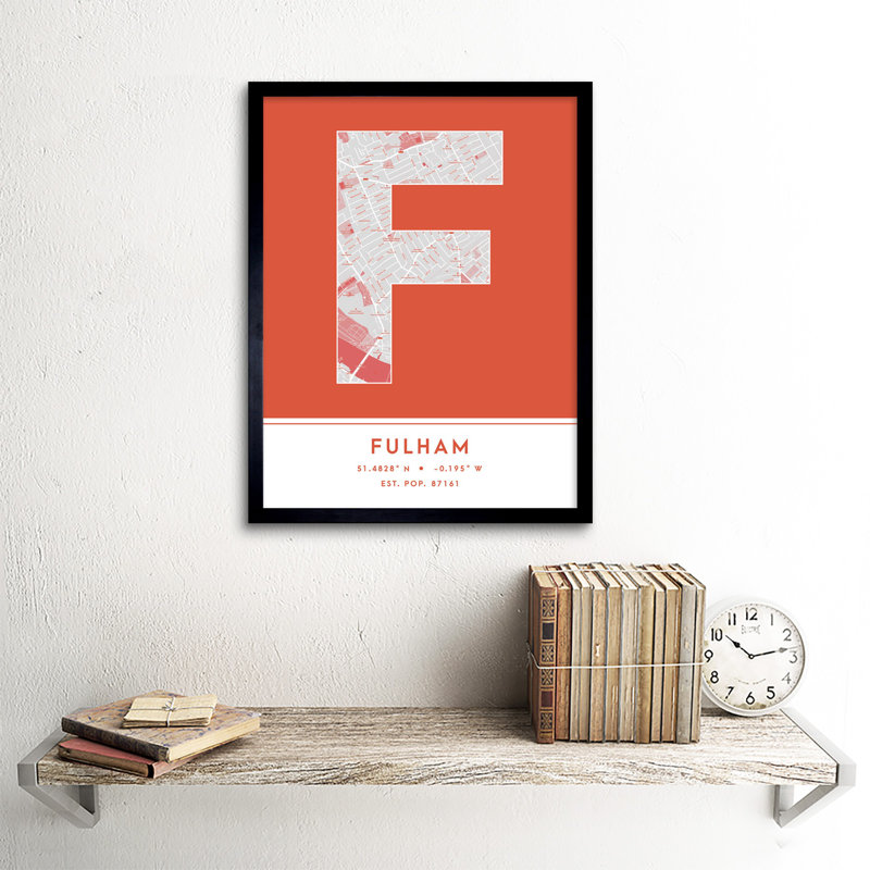Fulham City Map Fulham Orange - Single Picture Frame Typography, Orange