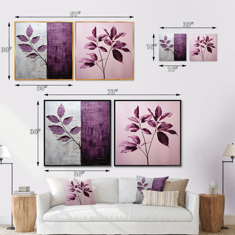 Mauve feuilles de prune - ensemble de 2 feuilles de collage carré, Cadre flottant noir, H 16 po x l 33 po