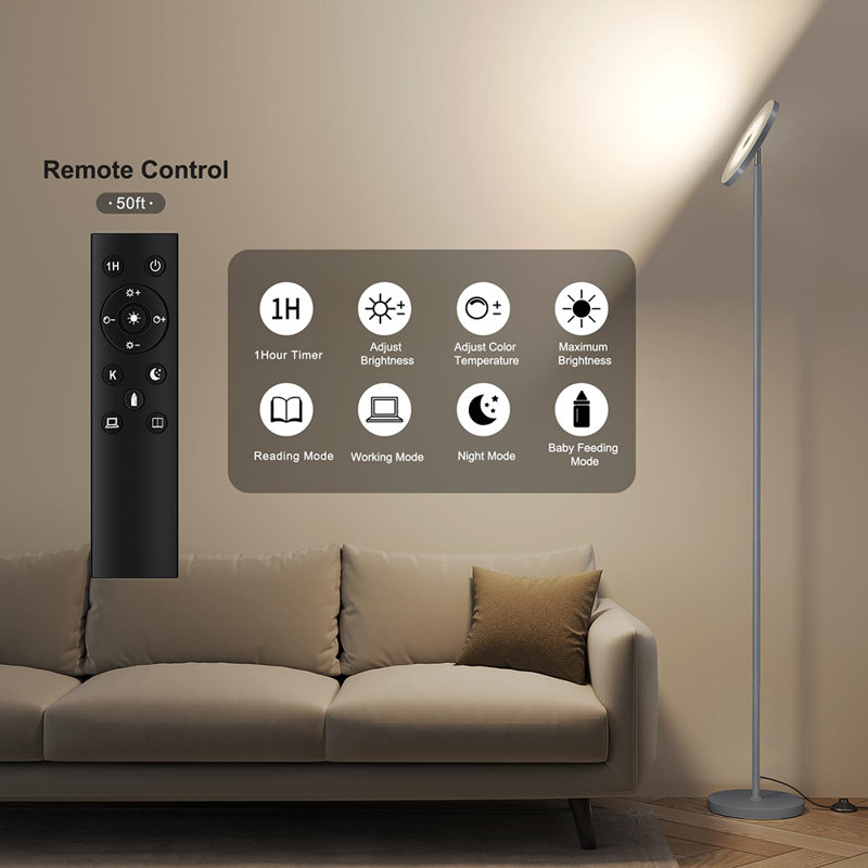 Lampe sur pied à DEL super brillante avec télécommande, Gris