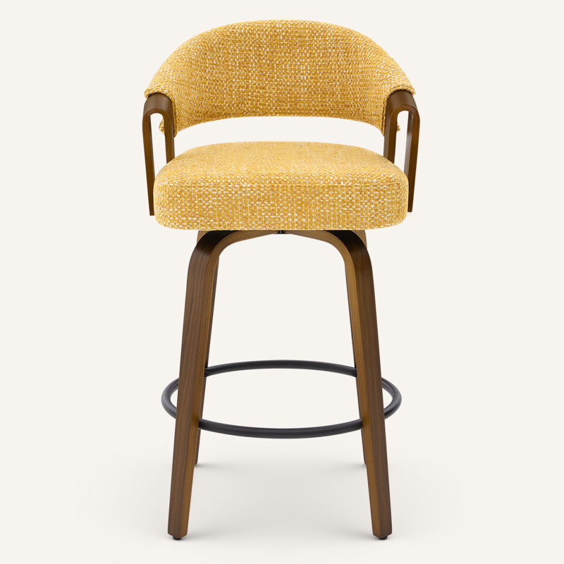360° Swivel Mid-Century-Modern Walnut Bar Stool With Curved Upholstered Back, Yellow