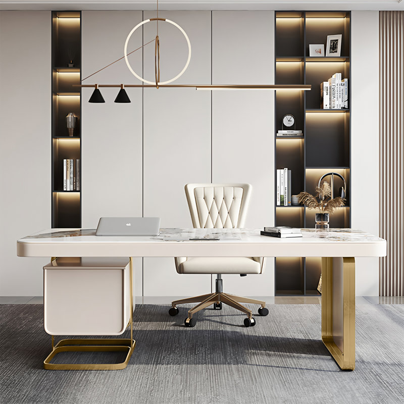 Executive Light Luxury Desk Slate Top & Gold Metal Base 70.87" Modern Home Office Writing Computer Table with 2-DrawersCabinet