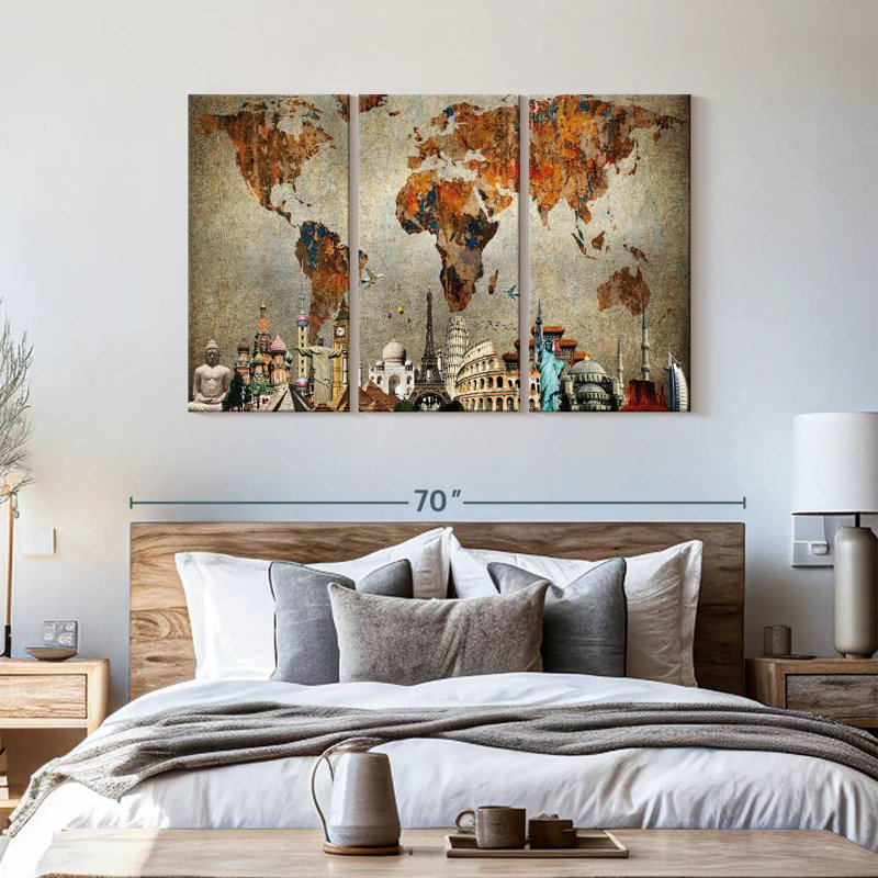 Ensemble de 3 pièces de carte du monde rouillé sur toile, H 57 po x l 36 po x P 1,25 po