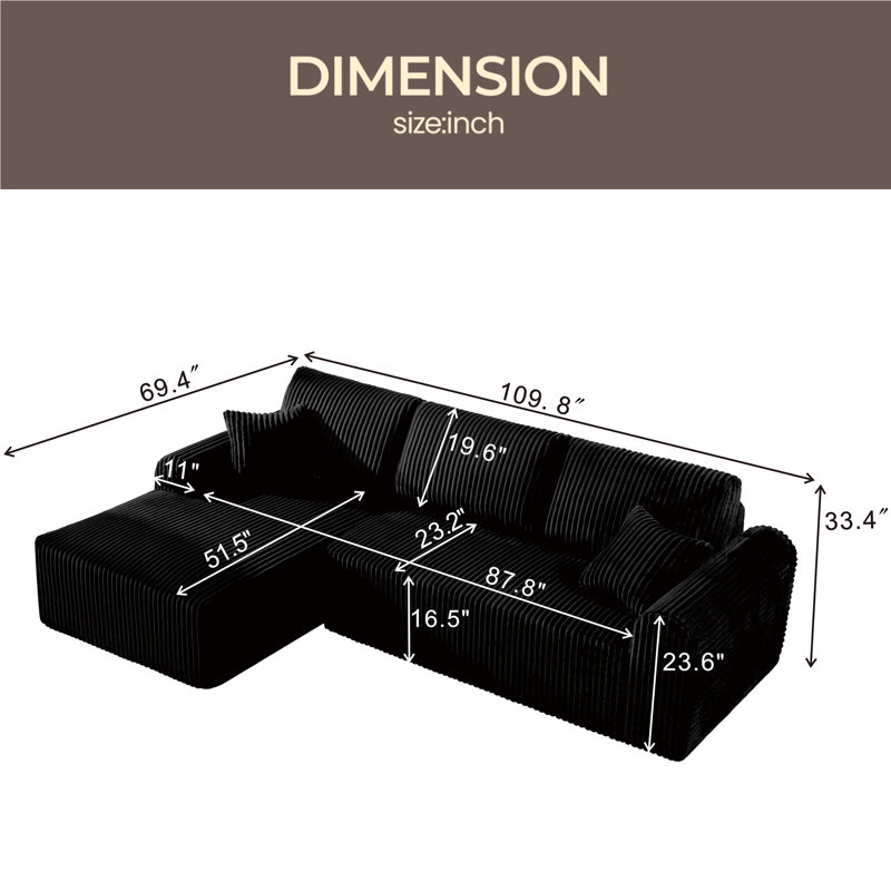 Canapé modulaire 109 po avec méridienne en L 109 po, canapé modulaire Cloud, Noir