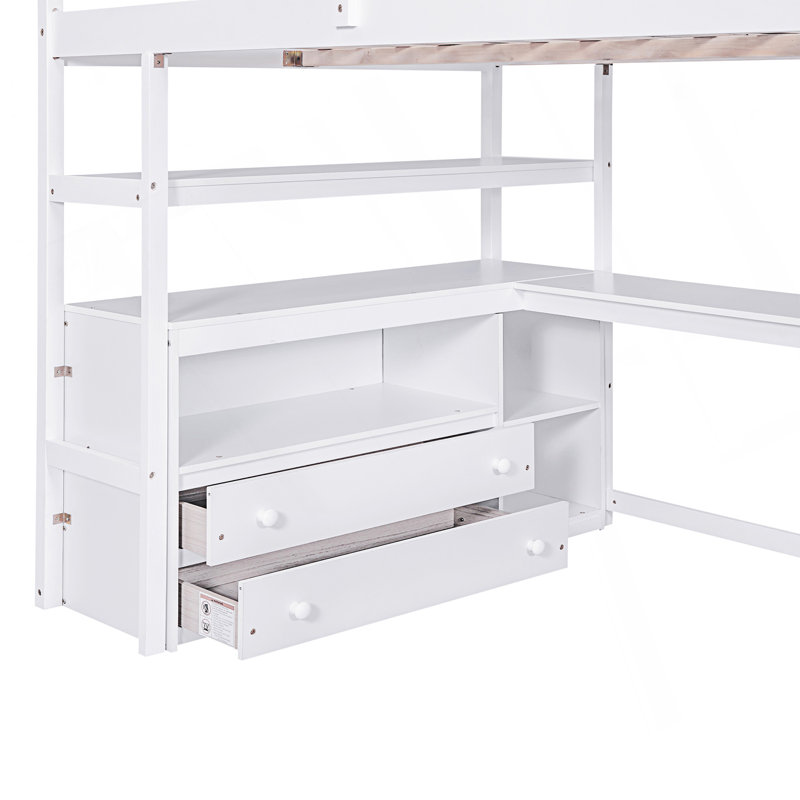 Full Size Loft Bed With Desk And Shelves, Two Built-In Drawers, Storage Staircase, White