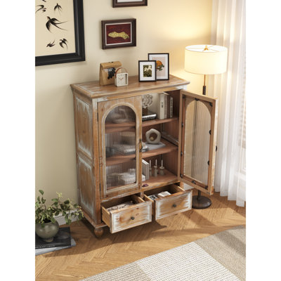 Armoire de rangement Farmhouse, armoire de cuisine en bois vieilli avec 2 portes en verre et 2 tiroirs, armoire de rangement rustique autoportante avec tablettes pour le salon, la salle à manger, brun antique et blanc