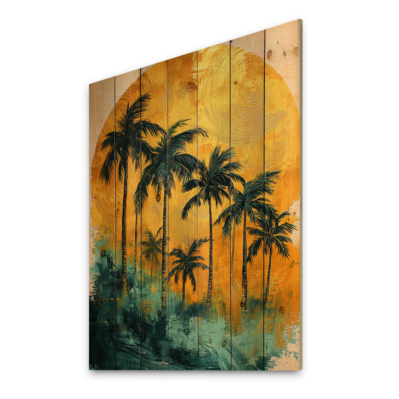Emerald Palm Trees On Golden Tropical Sunrise I - Palms & Palm Trees Wood Wall Art, 40" H x 30" W x 0.78" D