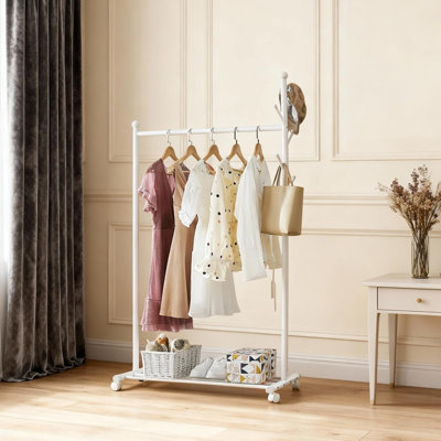 33.86 inch Garment Rack Metal Coat Rack with Wheels, Rolling Closet Rack with Wheels, Metal Coat Rack Freestanding for Small Space Corner Bedroom Hallway Entryway Living Room