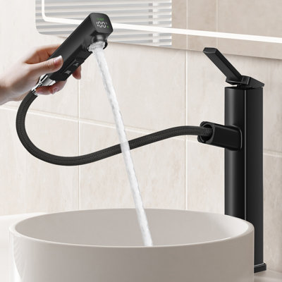 Modern Single Hole Pull-Out Bathroom Faucet With Led Digital Temperature Display & 3 Spray Modes (Mate Black)