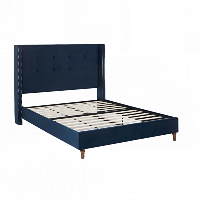 Structure de lit élégante avec tête de lit et fabrication robuste pour un sommeil confortable, Bleu