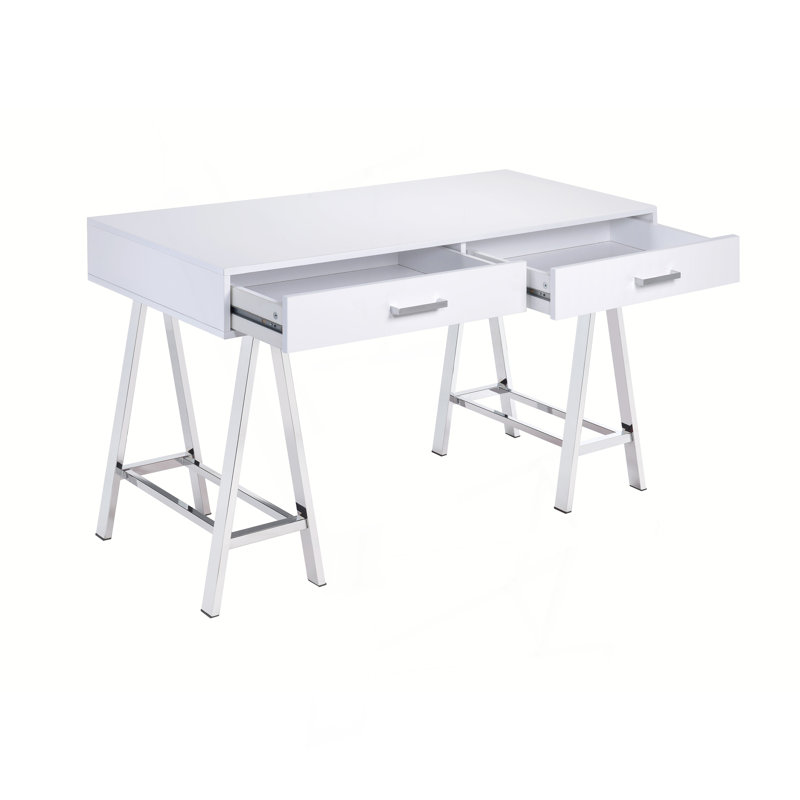 Bureau d'écriture polyvalent avec USB et beaucoup de rangement pour travailler et étudier efficacement, White/Chrome