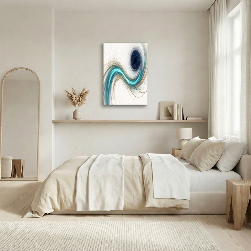 Toile abstraite bleu sarcelle et tourbillons dorés avec spirale bleu foncé, H 16 po x l 24 po